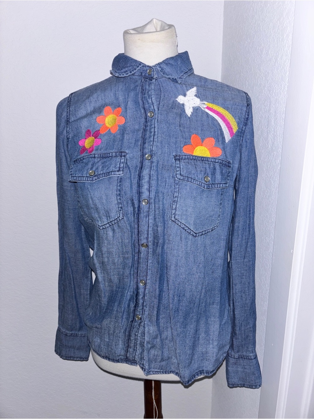 Billy T Peace Peace And Love Denim Embroidered Shirt 70s Boho Pearl Snap xS